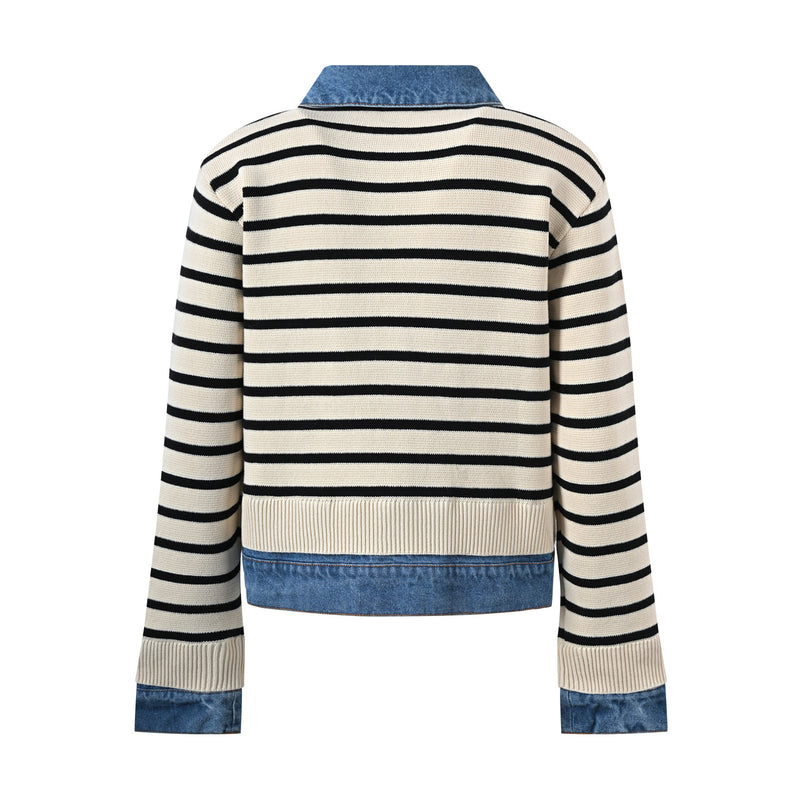 Collar Contrast Color Striped Knitted Short Coat — mode femme