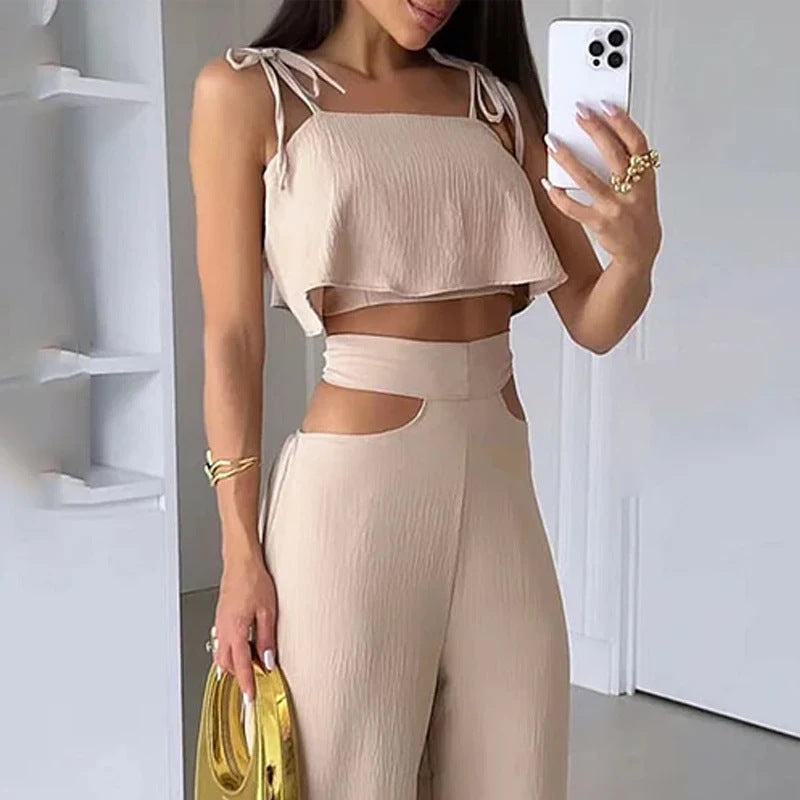 Ensemble Sling Top & Pantalon Ajouré - Élégance Minimaliste