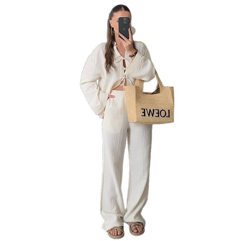 Summer New Uni Bow Manches Longues Chemise Wide Leg Pantalon Casual Tailleur