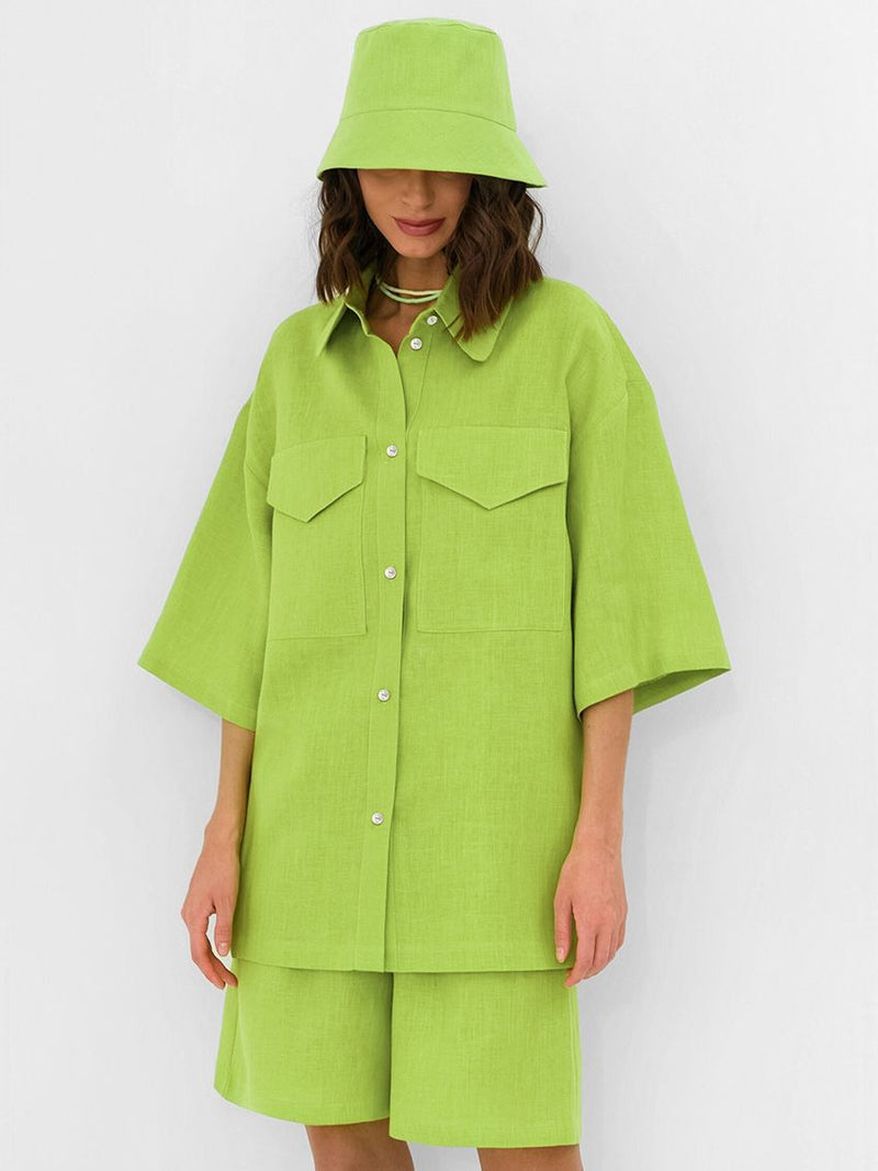 Femme's Fashionable Simple Coton & Linen Top & Courte Two-piece Set