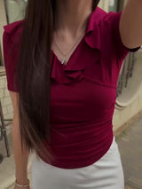Red V-neck Ruffled Short-sleeved Top — boutique en ligne