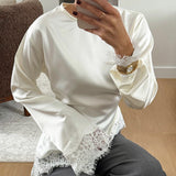 Casual Solid Color Lace Patchwork Top — VELORA