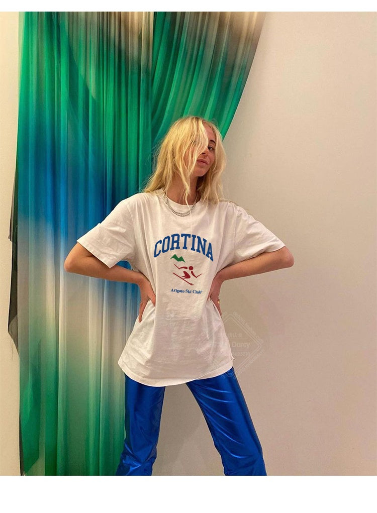 American Retro Sports Ski Portrait Letter T-shirt — livraison gratuite