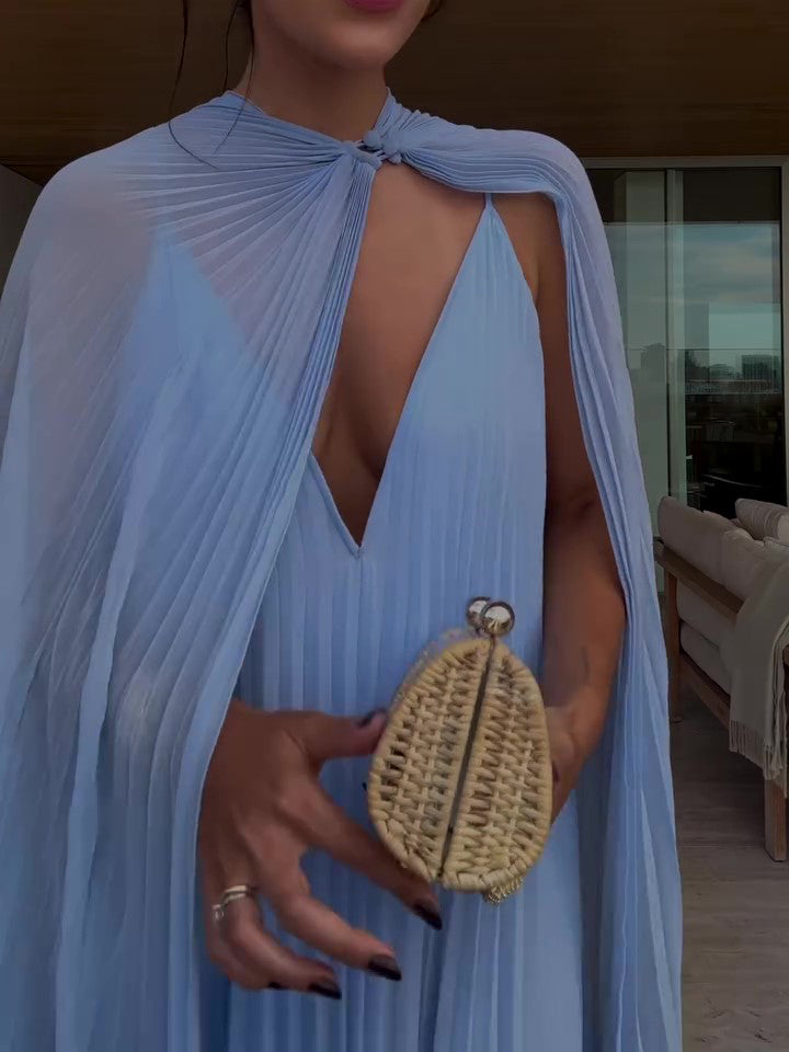Ensemble Two-Piece Light Blue Pleated Maxi Robe & Cape