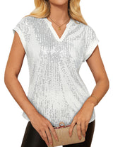 Top Sequins Col V Manches Courtes – Scintillement de Soirée