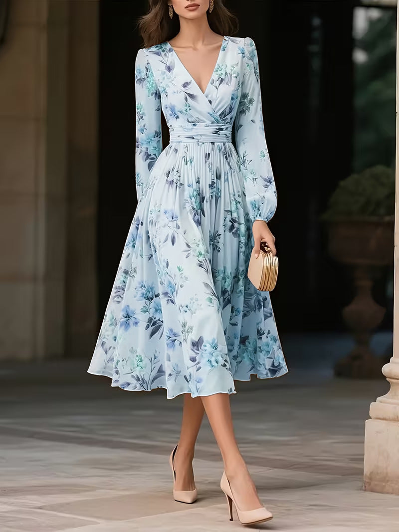 Robe Longue Manches Longues Col V Imprimée – Élégance Féminine