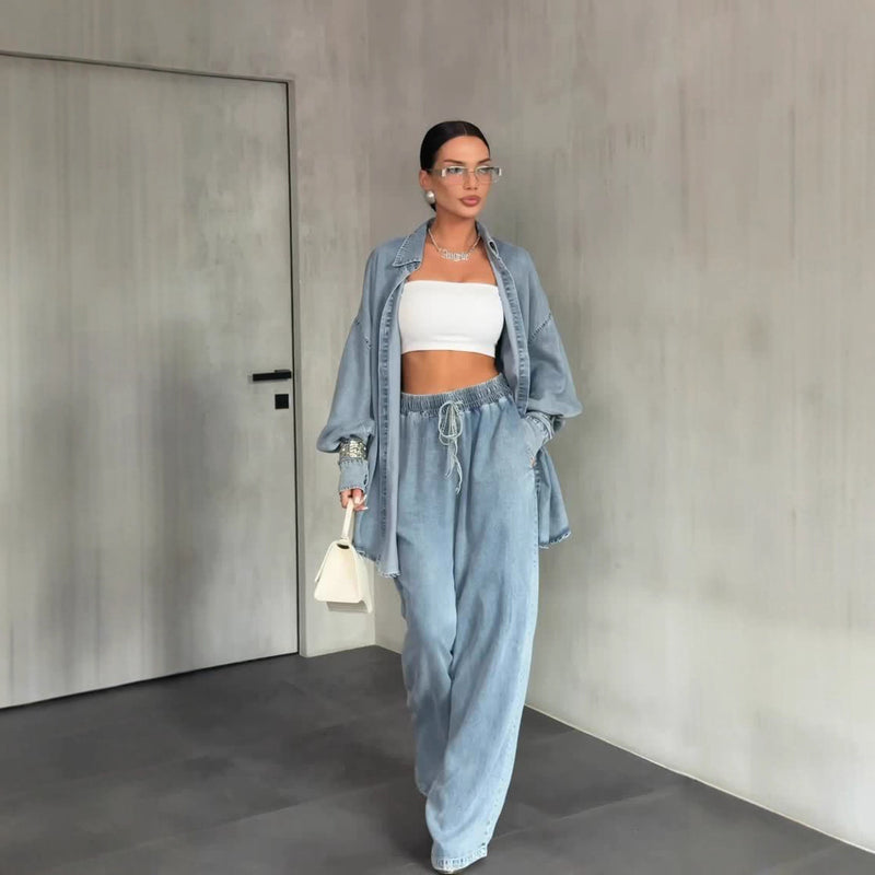 Femme's Denim Manches Longues Button Wide Leg Tailleur