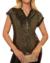 Top Sequins Col V Manches Courtes – Scintillement de Soirée