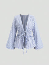 Femme's Bow Dentelle-up Rayé Top Casual Manteau