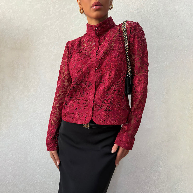 Blouse Dentelle Col Montant - Cardigan d'Élégance Intemporel — mode femme