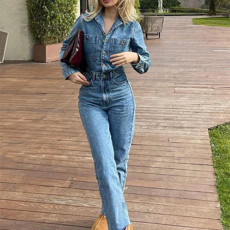 Combinaison Denim Élégante Revers & Manches Longues