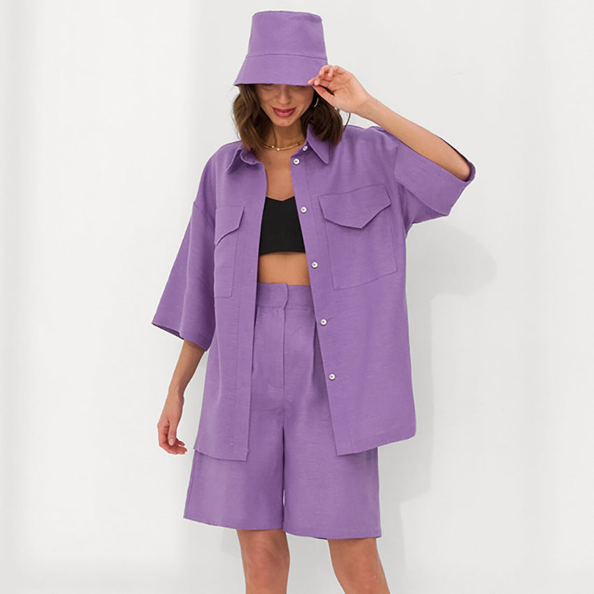 Femme's Fashionable Simple Coton & Linen Top & Courte Two-piece Set