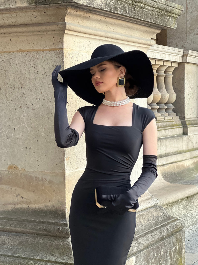 Black Square Neck Hip Wrap Dress With Gloves — mode femme